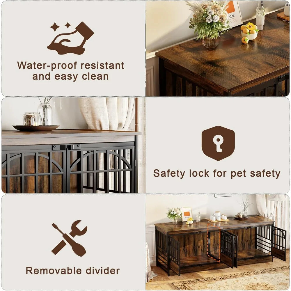 86 inch double dog crate furniture for 2 large dogs, decorative dog kennel indoor tv stand, heavy duty wooden dog cage for larg