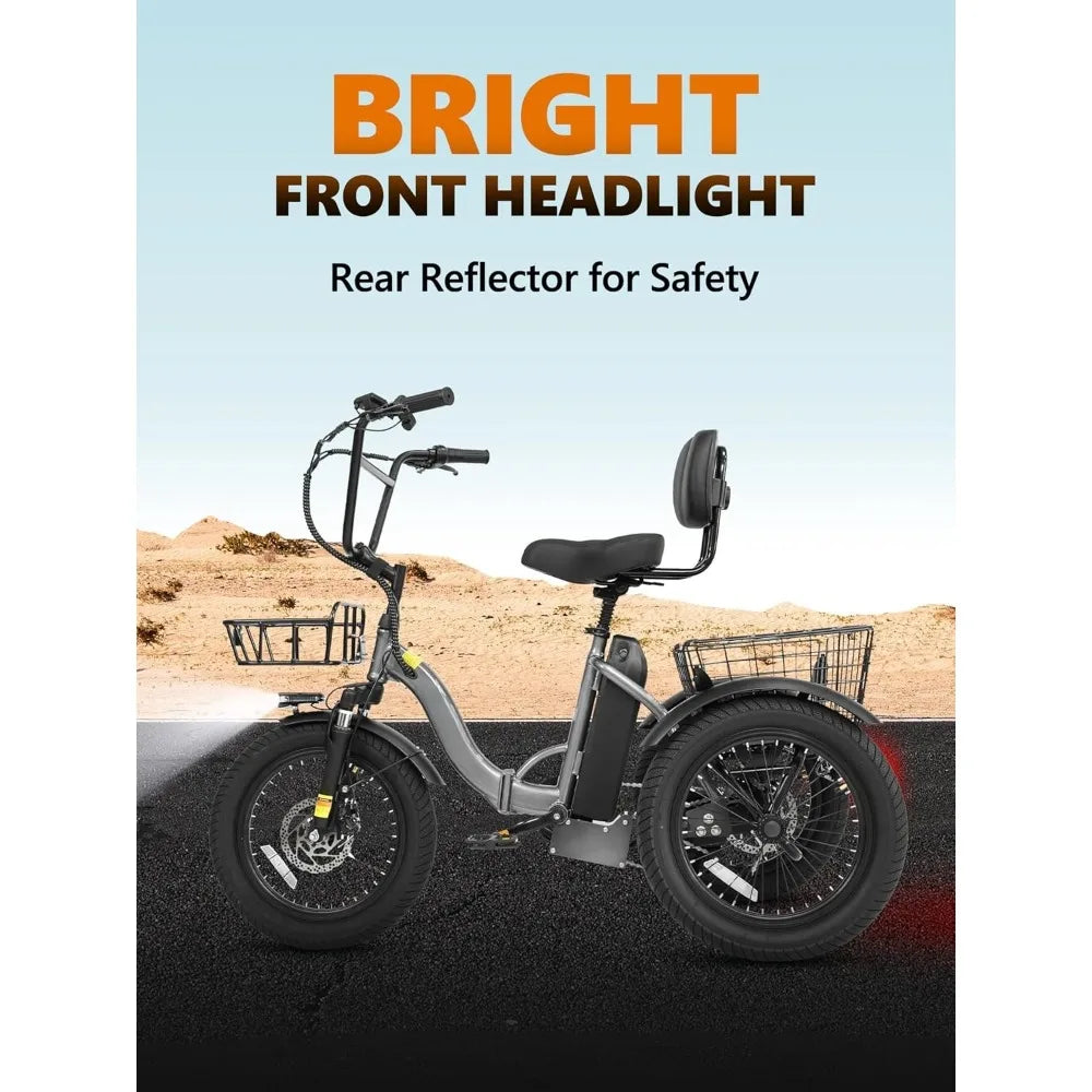 Adults Electric Trike Bike, 1200W Peak Motor & 499.2Wh Removable Battery,18x3.0 Fat Tire Foldable 3-Wheel E-Bike with Step