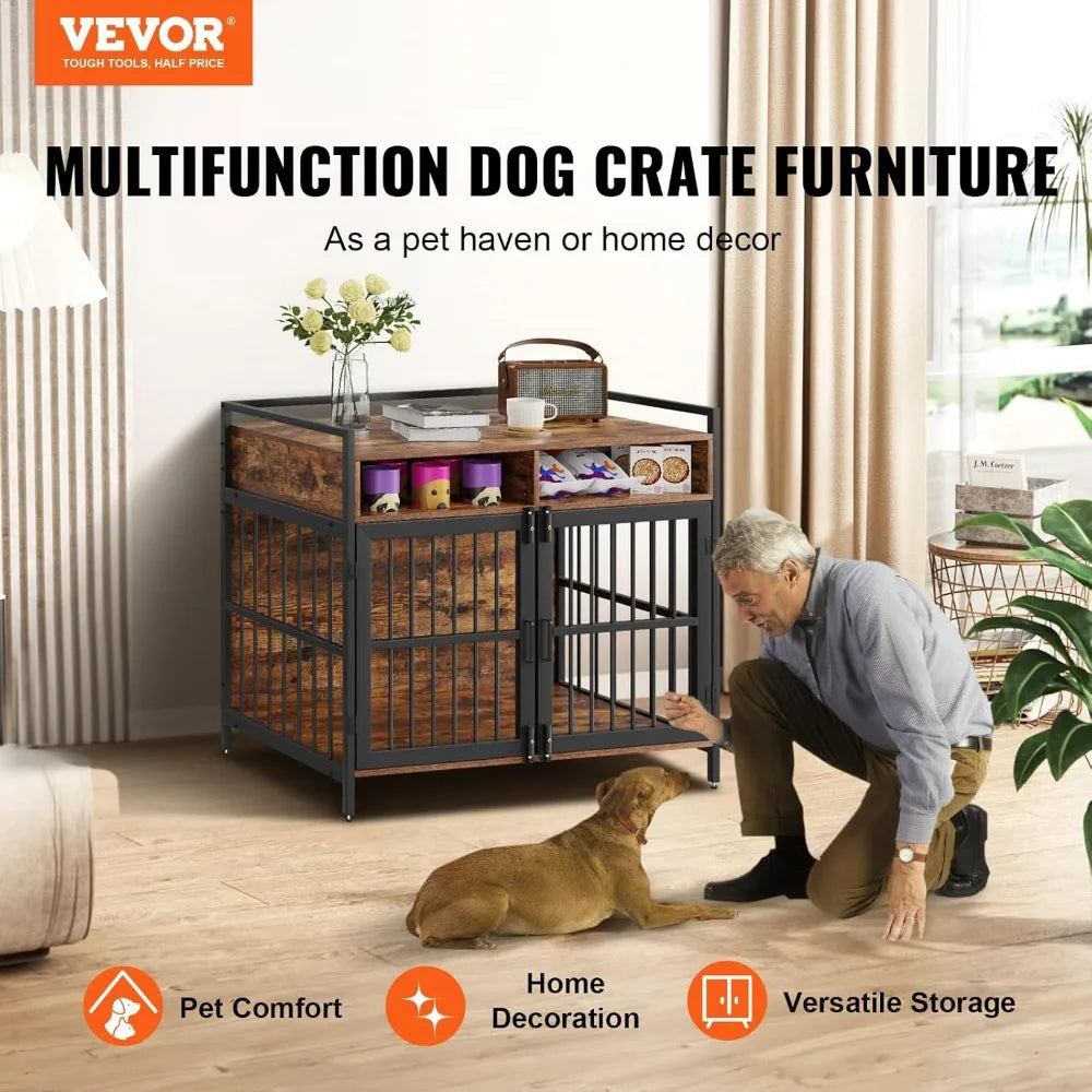 Furniture Style Dog Crate with Storage, 41 inch Dog Crate Furniture Large Breed with Double Doors, Wooden Dog Cage for Large/Me