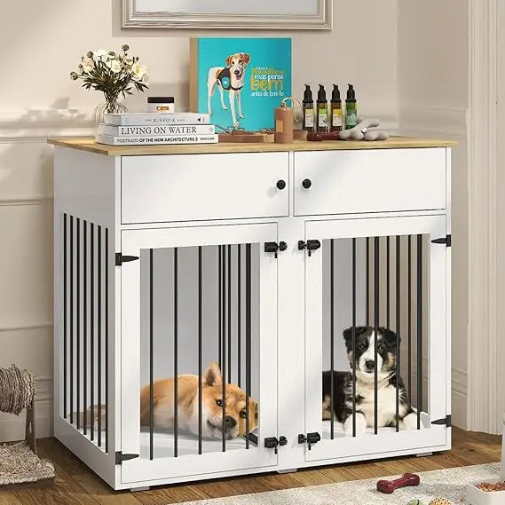 Large Dog Crate Furniture, 41 Inch Dog Kennel Indoor with Removable Divider & Double Doors, Wooden Dog Crates for 2 Dogs