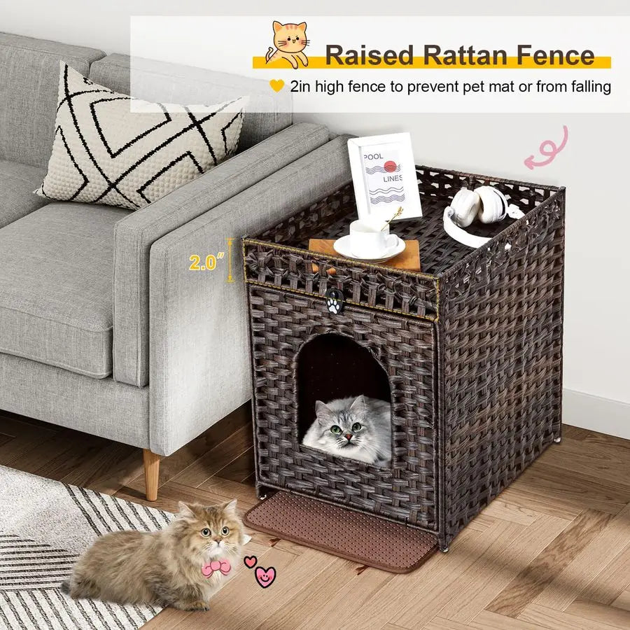 Cat Litter Box Enclosure Furniture Hidden with Litter Mat, Hidden Cat Washroom Furniture with Door, Handwoven Rattan Cat Washroo