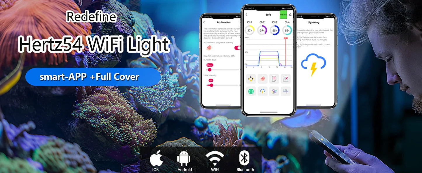 PopBloom H54 WiFi Dimmable LED Aquarium Light, Smart App Control, Suitable for 60-80cm Fish Tanks (With Arm Kit)