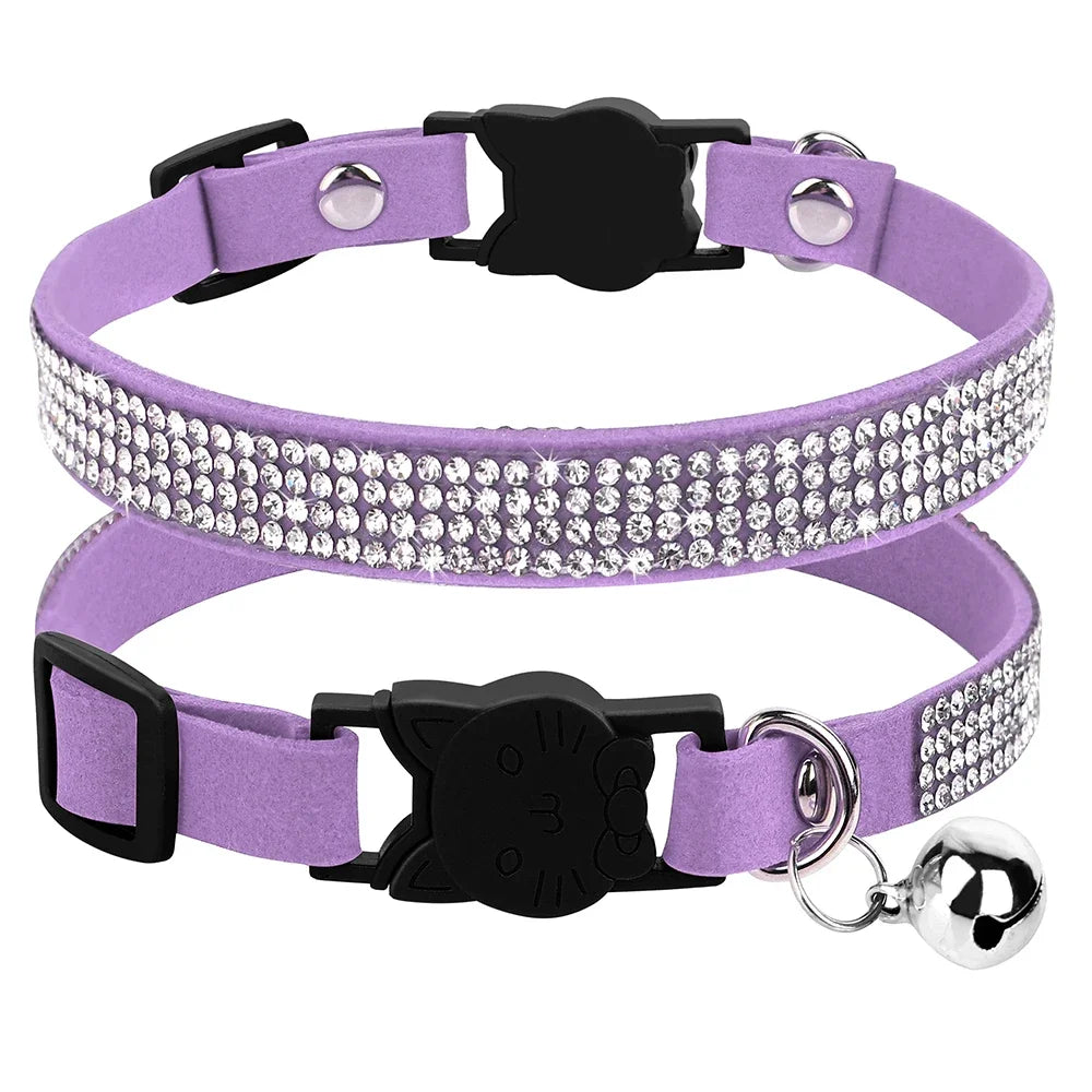 Rhinestone Bling Soft Pink Suede Cat Collar with Bell Safety Breakaway Buckle Adjustable XS/S Sizes for Kitten