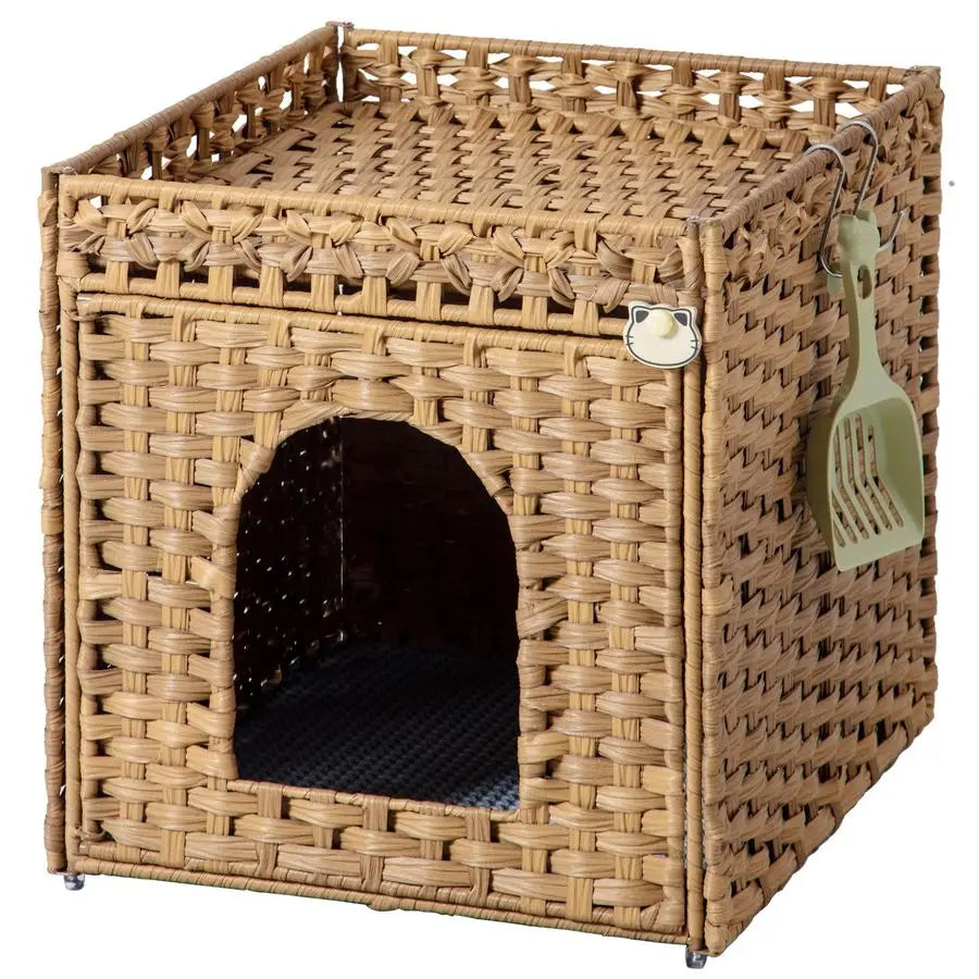 Litter Box Enclosure Furniture, Hidden Litter Box with Mat and Fence, Handwoven Rattan Cat House with Two SShaped Hooks for Livi