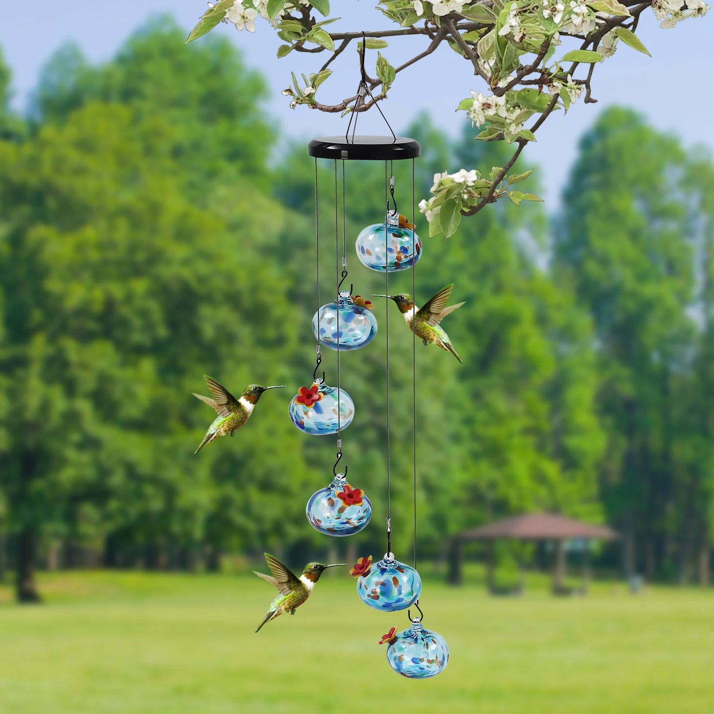 Bird Feeder, Hanging Hummingbird Feeder Blue Glass, Outdoor Garden Bird Feeder with Stable Metal Base, to Attract Wild Birds