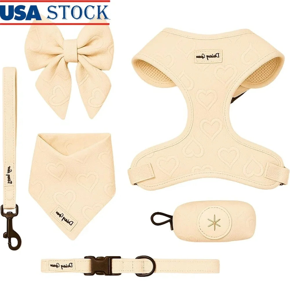 Medium Dog Harness Set No Pull Matching Leash Collar Bow Bandana Poop Bag Holder Breathable Mesh Hearts