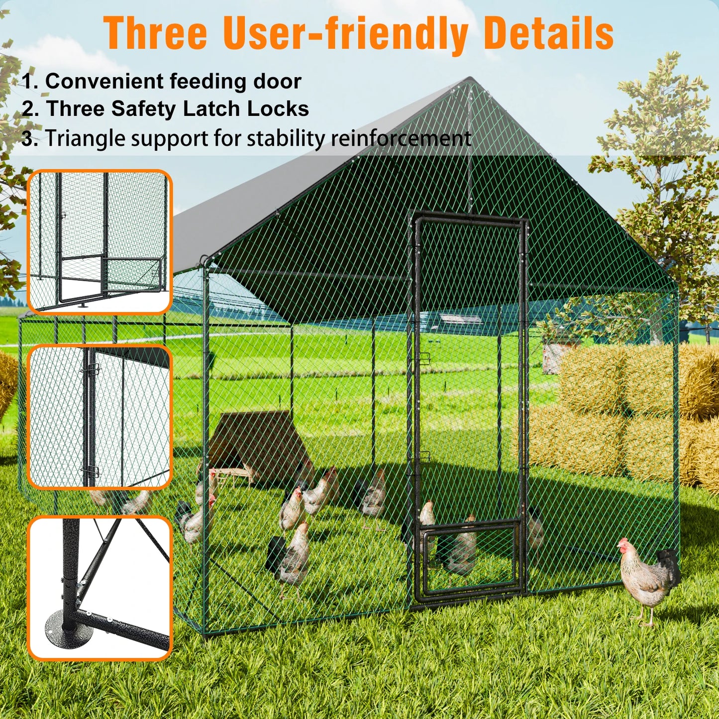 Large Outdoor Upgrade Metal Chicken Coop Walk-in Poultry Run Pen Cage Pet Duck Hen House with Nylon Netting and Cover for Yards