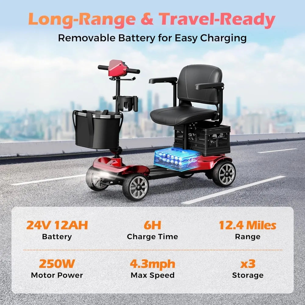 4 Wheel Mobility Scooter for Adults - Foldable Motorized Scooters 330 lb Capacity with Removable Battery, Dual Basket