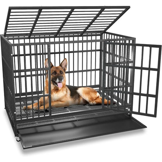 48/42/38 inch Heavy Duty Indestructible and Escape-Proof Dog Crate Cage Kennel for Large Dogs, High Anxiety Dog Crate with Remov