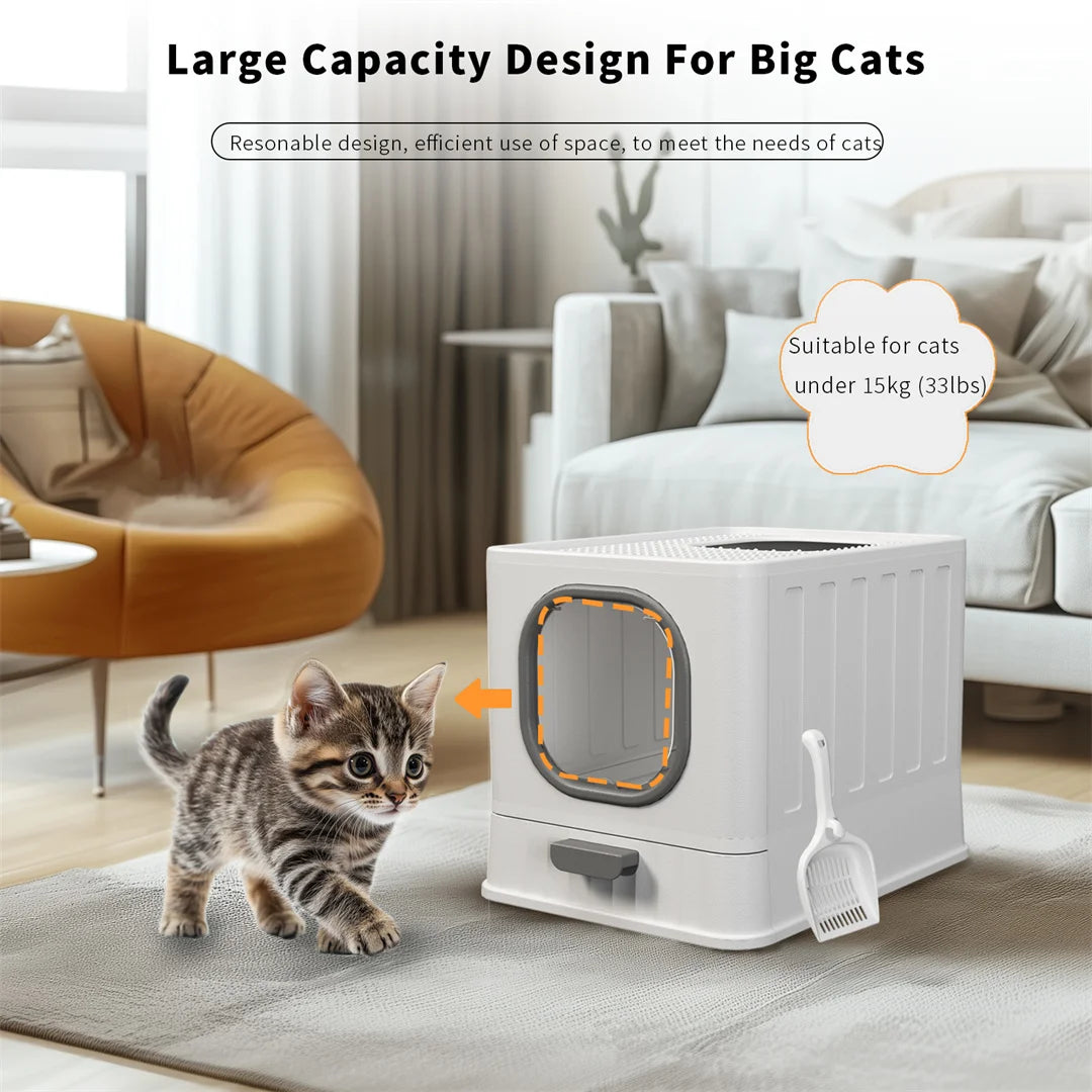 BingoPaw Cat Litter Tray Box: Foldable Top Entry Extra Large Cats Toilet with Lid Kitten Litter Tray Easy Cleaning Drawer Design