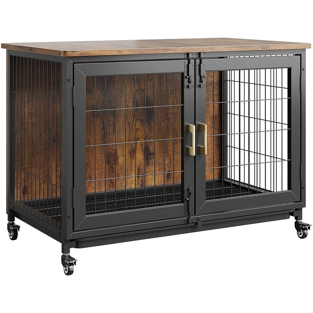 37.4 Inch Wooden Dog Crate Furniture for Small-Medium-Large Dogs, Heavy Duty Dog Kennel Furniture Indoor with Wheels