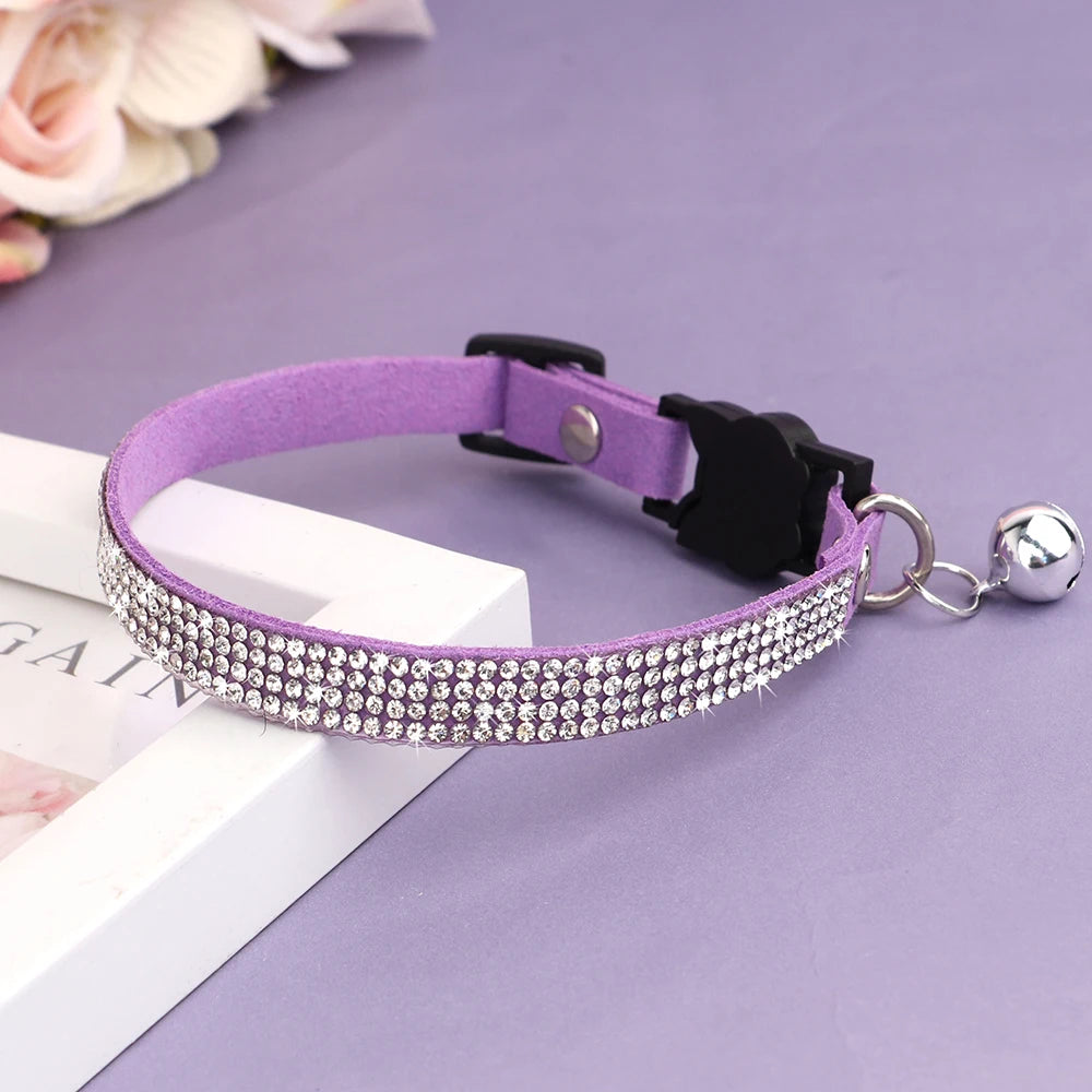 Rhinestone Bling Soft Pink Suede Cat Collar with Bell Safety Breakaway Buckle Adjustable XS/S Sizes for Kitten