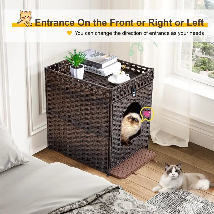Cat Litter Box Enclosure Furniture Hidden with Litter Mat, Hidden Cat Washroom Furniture with Door, Handwoven Rattan Cat Washroo