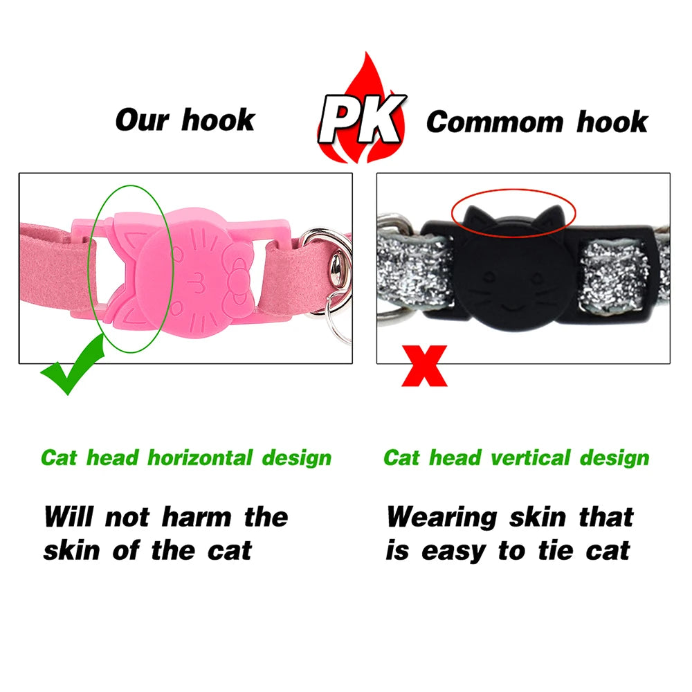 Rhinestone Bling Soft Pink Suede Cat Collar with Bell Safety Breakaway Buckle Adjustable XS/S Sizes for Kitten