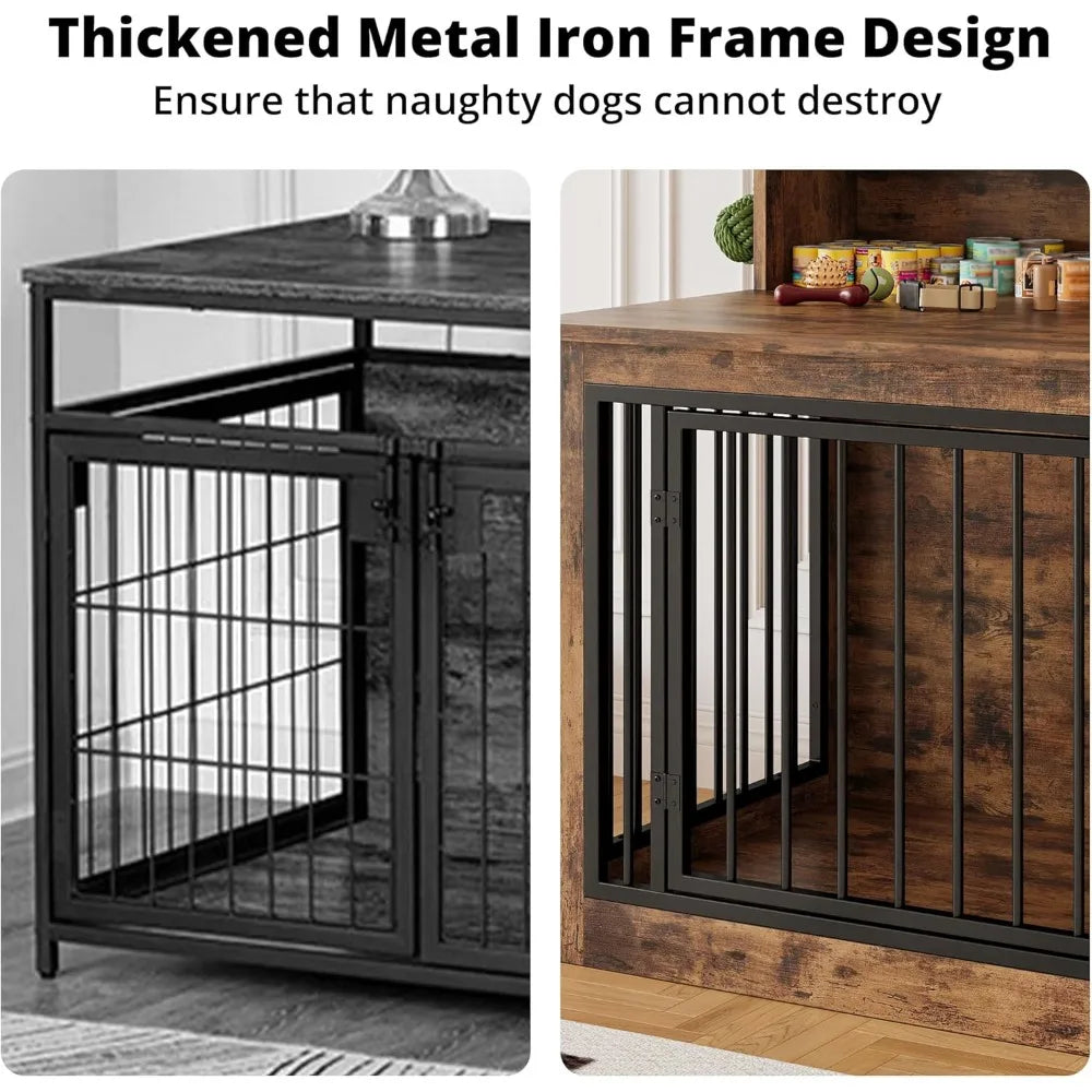 Dog Crate Furniture, 33.4 inches Wooden Small Dog Crate with Storage and 4 Hooks, Heavy Duty Pet Crate for Small Dog, Decorativ