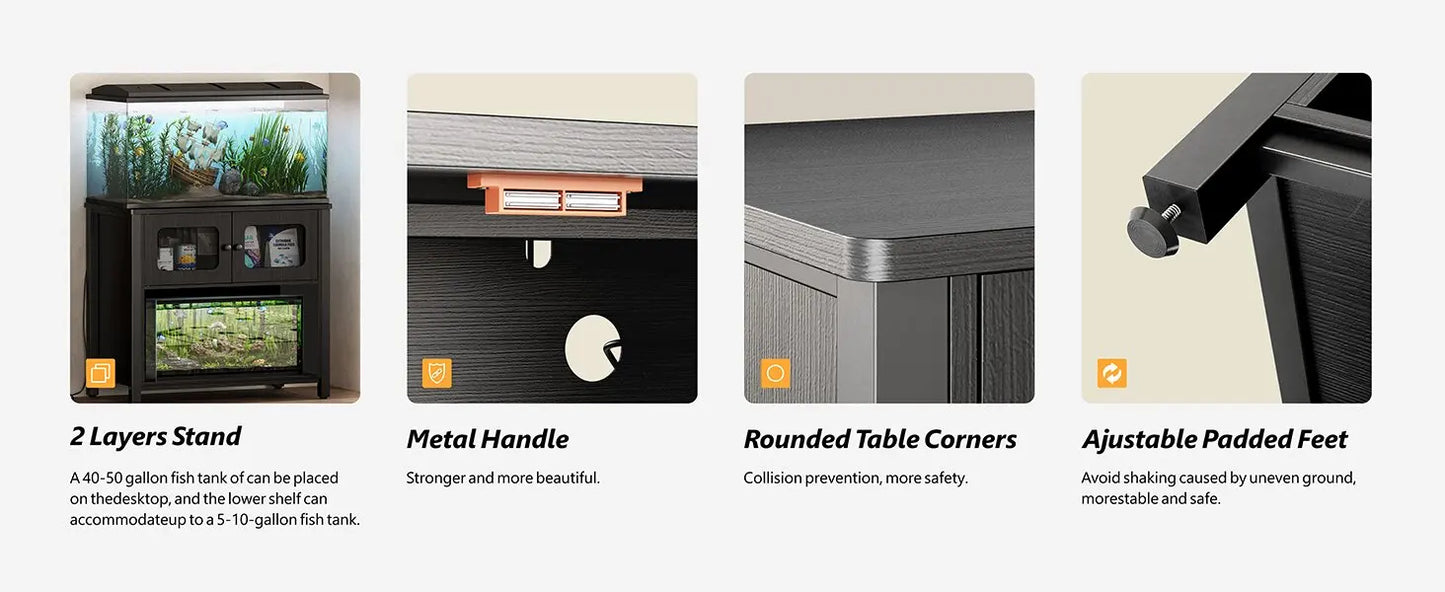 40-50 Gallon Aquarium Stand w/ Cabinet Storage,Fish Tank Stand Reptile Tank w/ Charging Station Adjustable Feet,Anti-tilt Device