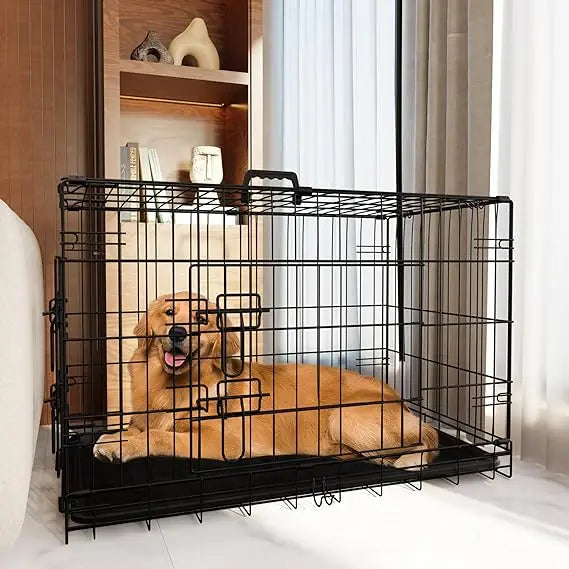 Dog Crate, 48 Inch Large Dog Cage with Divider and Plastic Leak-Proof Pan Tray, Double Door Folding Metal Wire Cage for Indoor,