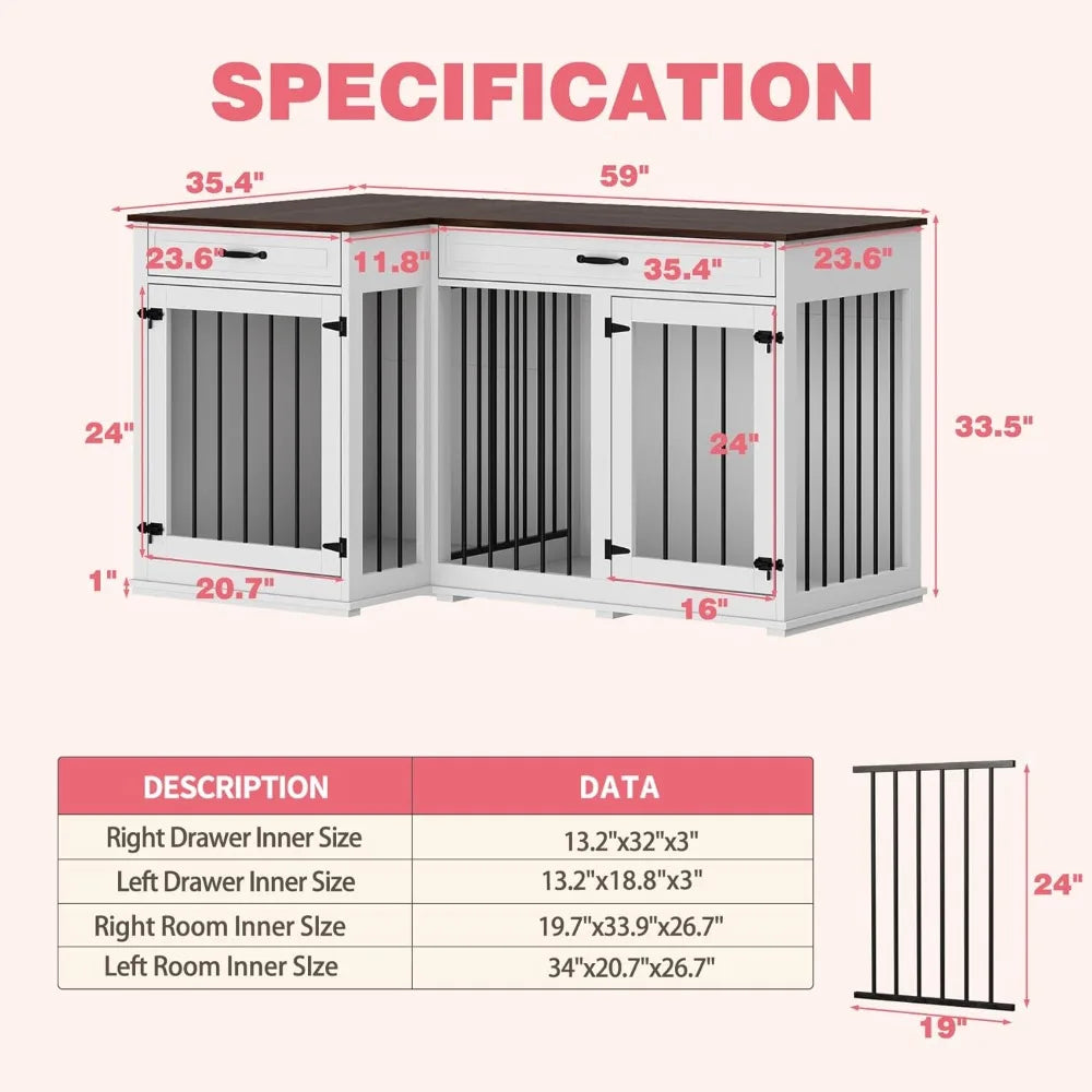 Large Corner Dog Crate Furniture, Wooden L Shaped Double Dog Crate Kennel Furniture with 2 Drawers and Divider, XXL Heavty Duty