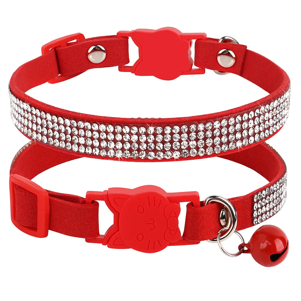Rhinestone Bling Soft Pink Suede Cat Collar with Bell Safety Breakaway Buckle Adjustable XS/S Sizes for Kitten