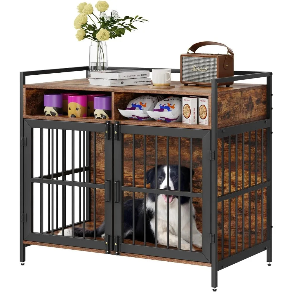 Furniture Style Dog Crate with Storage, 41 inch Dog Crate Furniture Large Breed with Double Doors, Wooden Dog Cage for Large/Me