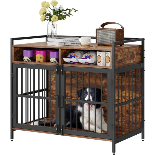 Furniture Style Dog Crate with Storage, 41 inch Dog Crate Furniture Large Breed with Double Doors, Wooden Dog Cage for Large/Me