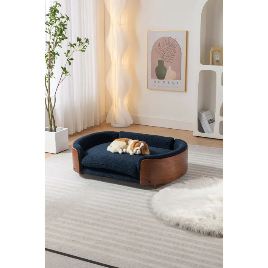 Scandinavian style Elevated Dog Bed Pet Sofa With Solid Wood legs and Walnut Bent Wood Back Cashmere Cushion Large Size