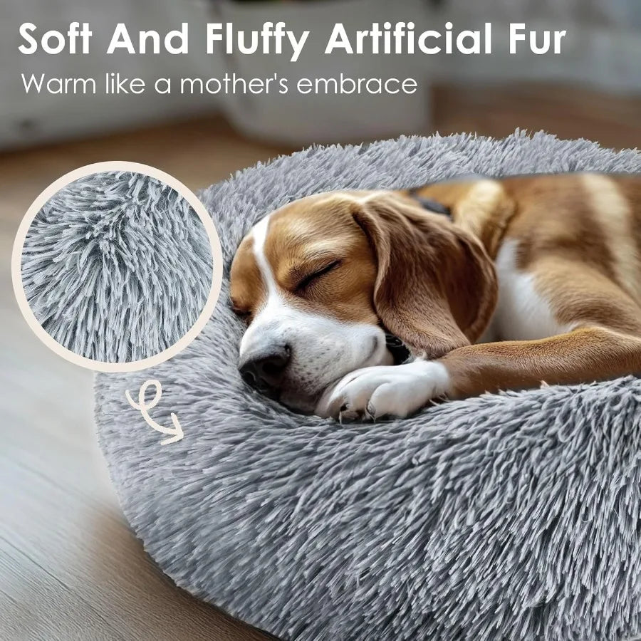 Dog Cat Bed for Indoor Cats 20in Calming Donut Bed for Puppy and Kitten Washable Round Fluffy Pet Bed for Small Medium Dogs and