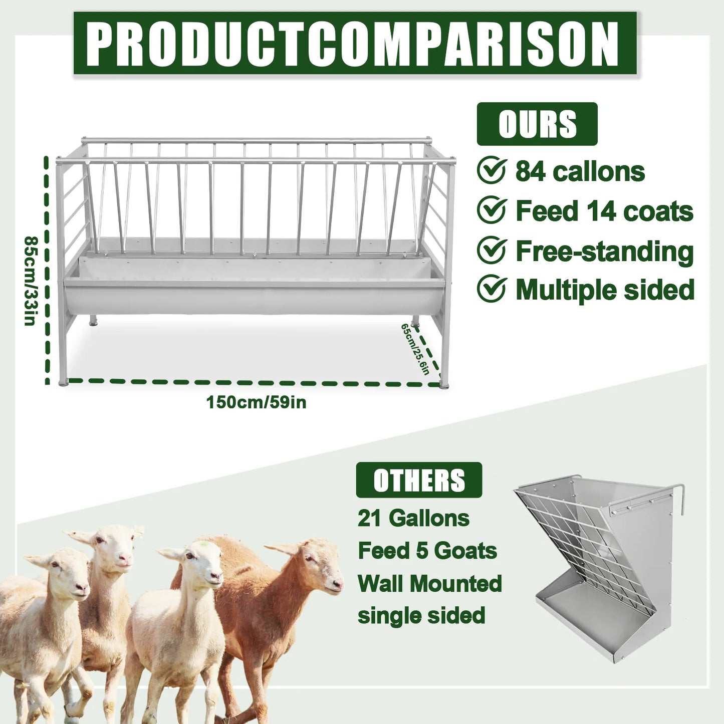 Goat Hay Feeder Large Capacity Livestock Feeder Heavy Duty Metal Feed Trough with Deeper Feeding Pan for Farms, Sheep Sheds
