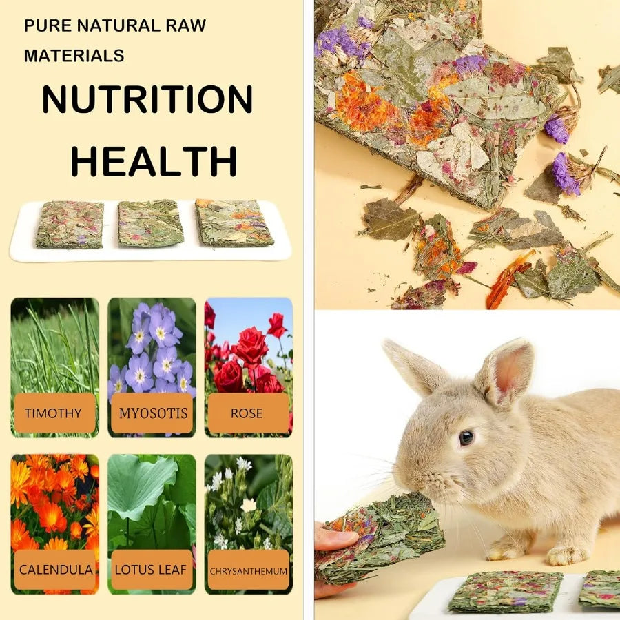 10 Pack Rabbit Toys with Herbal Flowers and Timothy Hay Grass Chips for Small Animals: Chew Toys for Guinea Pigs Hamsters Chinc