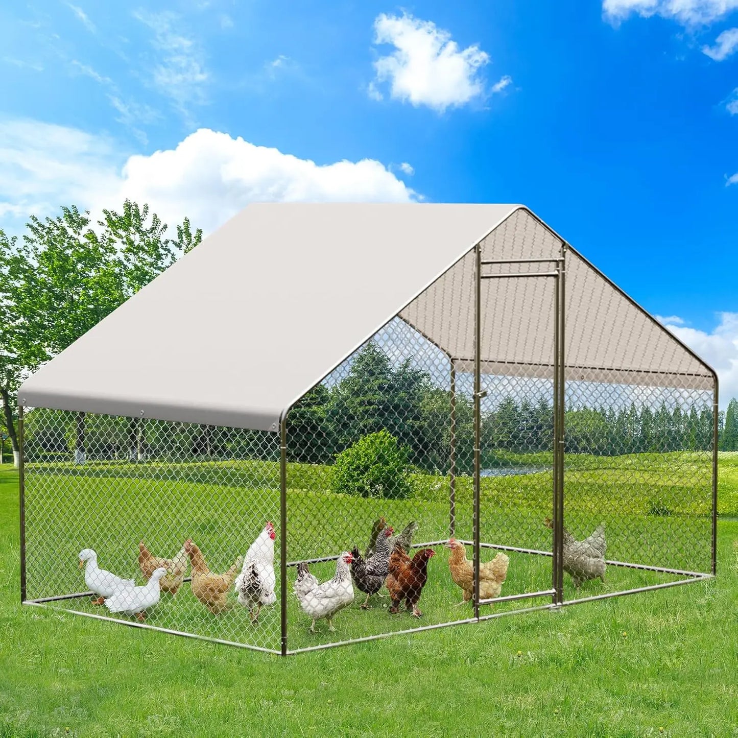Large Metal Chicken Coop, Walk-in Poultry Cage, Chicken House with Waterproof and Anti-Ultraviolet Cover for Outdoor Yard Farm
