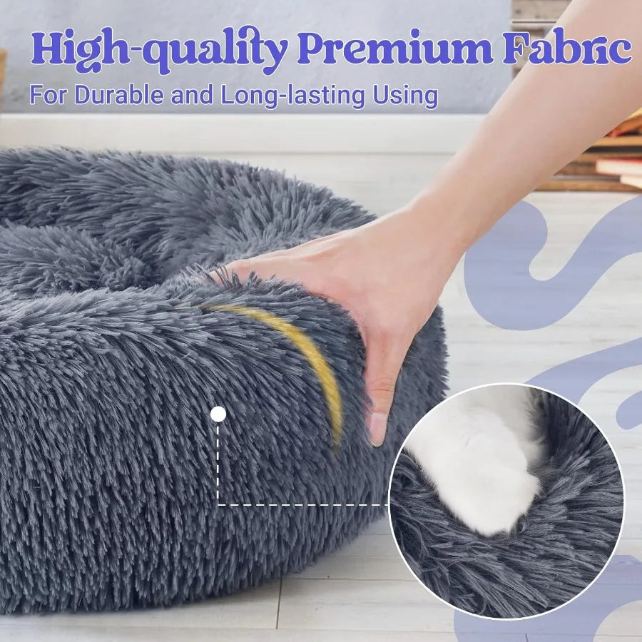 Dog Bed for Small 24 inches Machine Washable Fluffy Donut Pet Bed AntiSlip Calming Soft Plush Round Cushion Fits up to 18 lbs P