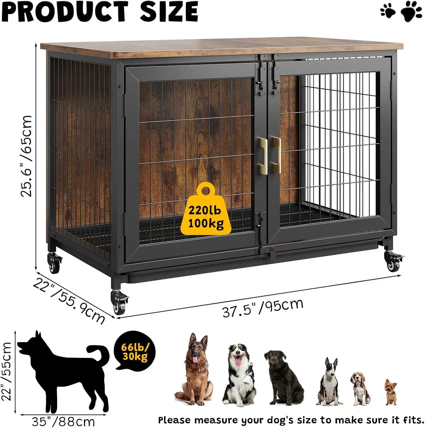 37.4 Inch Wooden Dog Crate Furniture for Small-Medium-Large Dogs, Heavy Duty Dog Kennel Furniture Indoor with Wheels