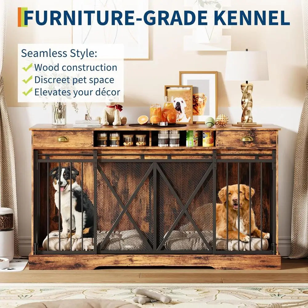 Large 63 Wooden Dog Crate Furniture - Heavy Duty Indoor Kennel with Removable Divider, 2 Doors, Rustic Style, Open Shelves & TV