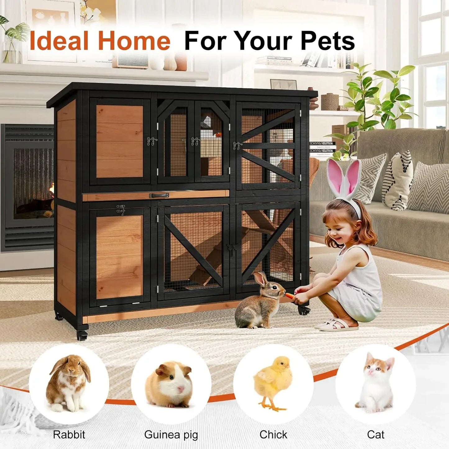 47.3" Two Story Rabbit Cage Bunny Cage Indoor, Wooden Rabbit Hutch Hamster Cages for Small Animals, Outdoor Guinea Pig Cages