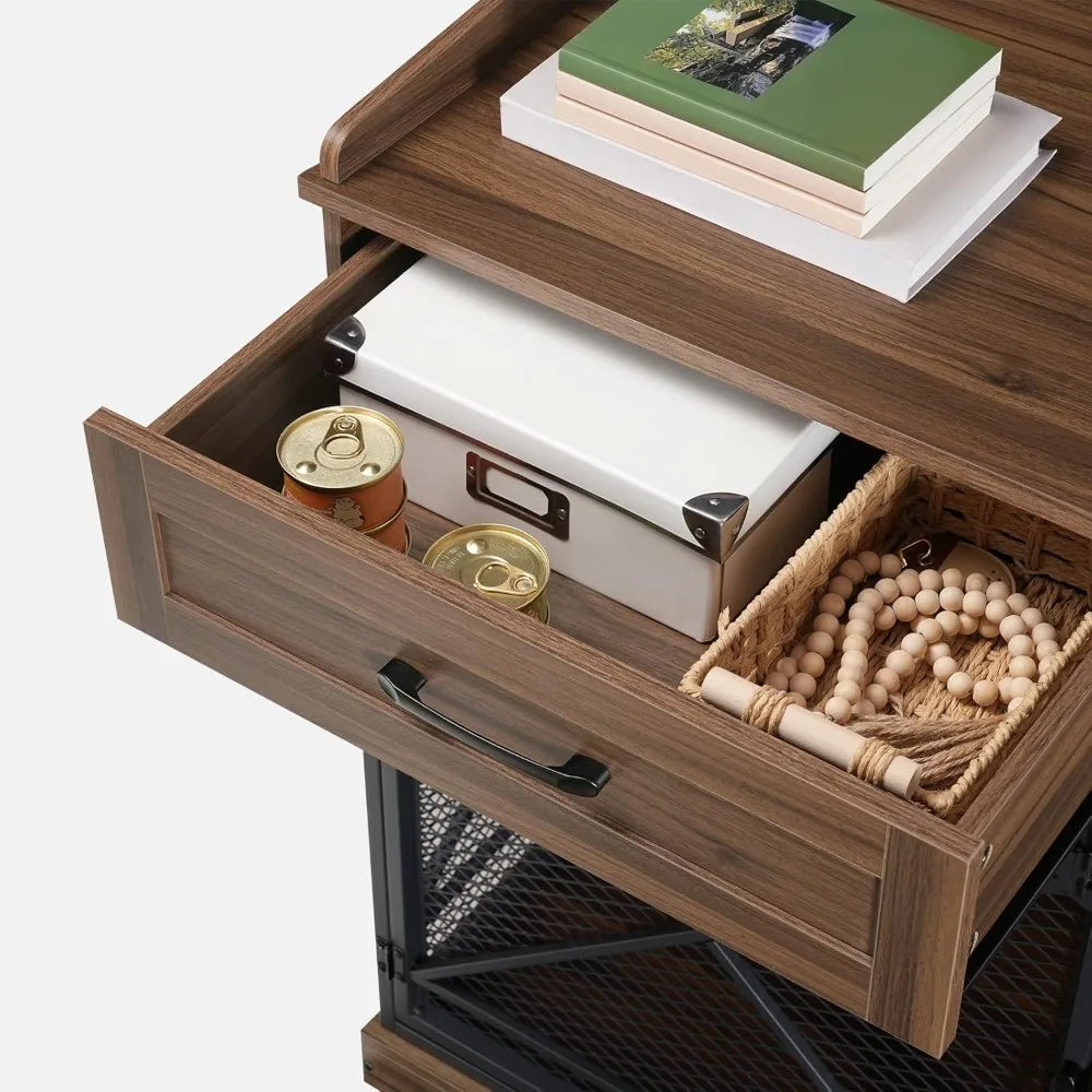 Heavy Duty Dog Crate Furniture, 39.4” Dog Kennel with Drawers, Wooden  Cage Indoor Side End Table for Medium Large Dog