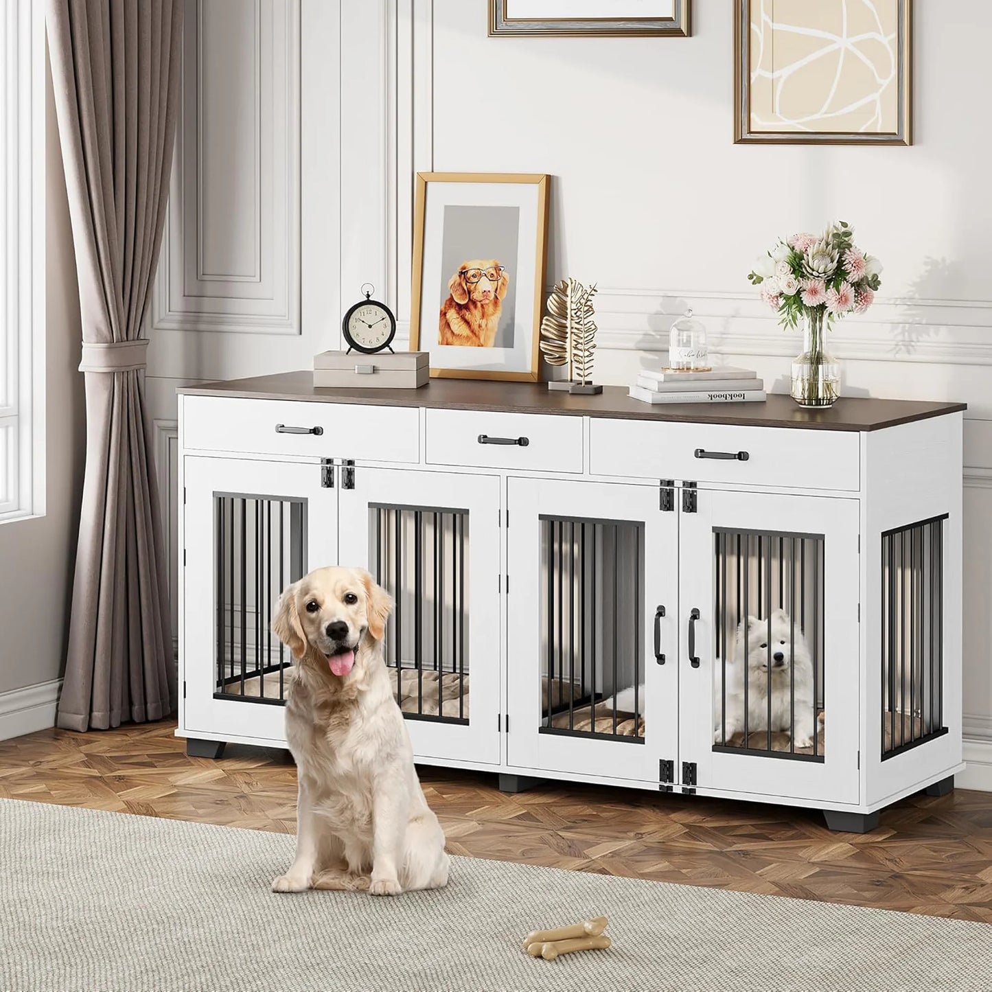 71'' Heavy Duty Double Dog Crate Furniture 2-in-1 Kennel With Divider 3 Storage Drawers & TV Stand For Medium Large Dogs