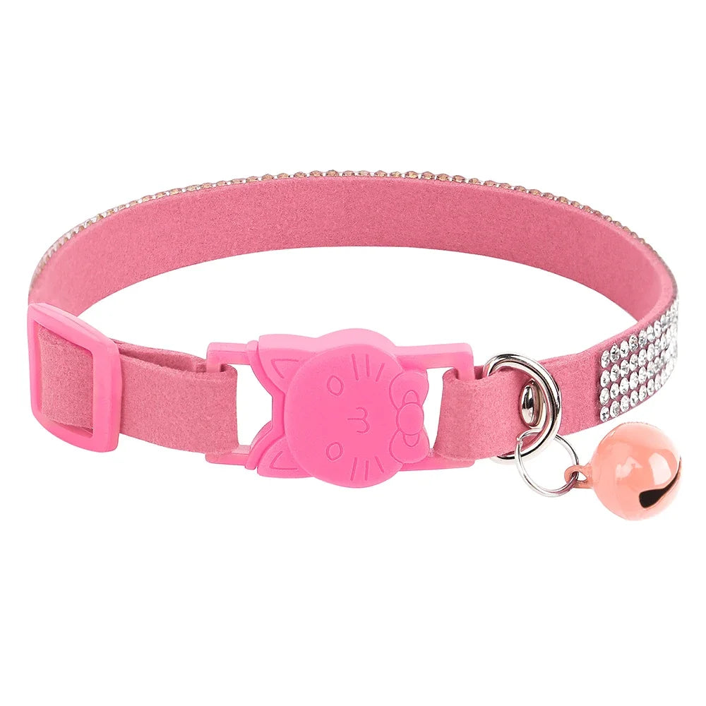 Rhinestone Bling Soft Pink Suede Cat Collar with Bell Safety Breakaway Buckle Adjustable XS/S Sizes for Kitten