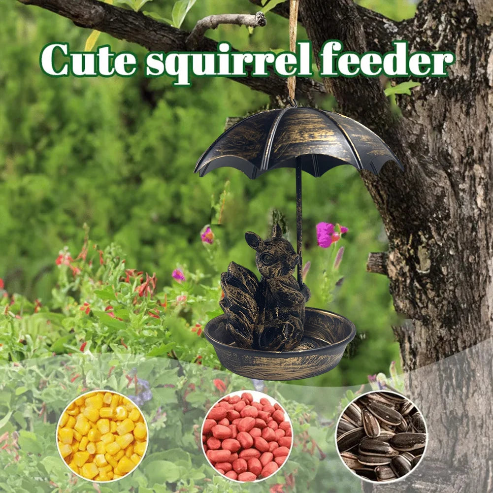 Squirrel/Cat/Dog Animal Bird Feeder Animal Holding Umbrella Metal Bird Feeders Hanging Bird Feeder Dish for Yard Patio Landscape