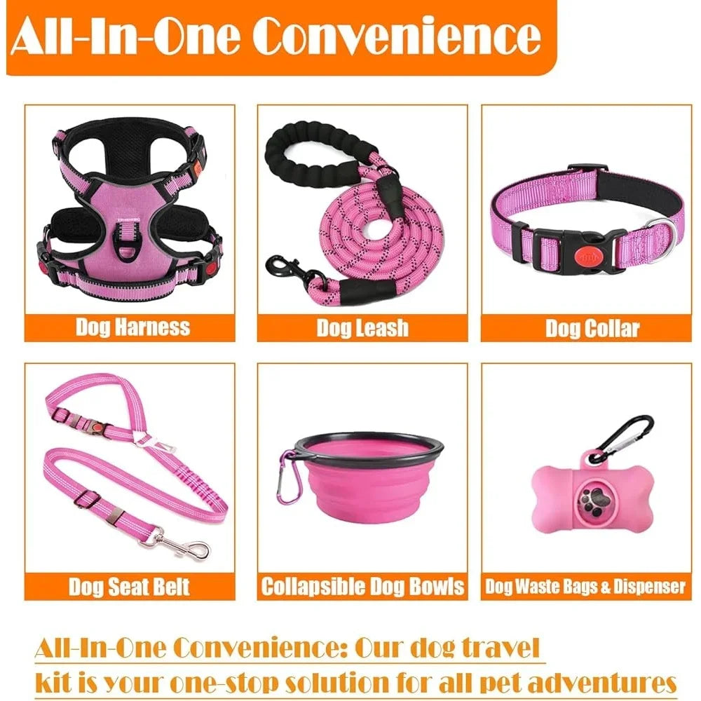 Dog Harness Collar Leash Set with Seat Belt Portable Bowls Poop Dispenser Ergonomic No Pull Design Walking Training