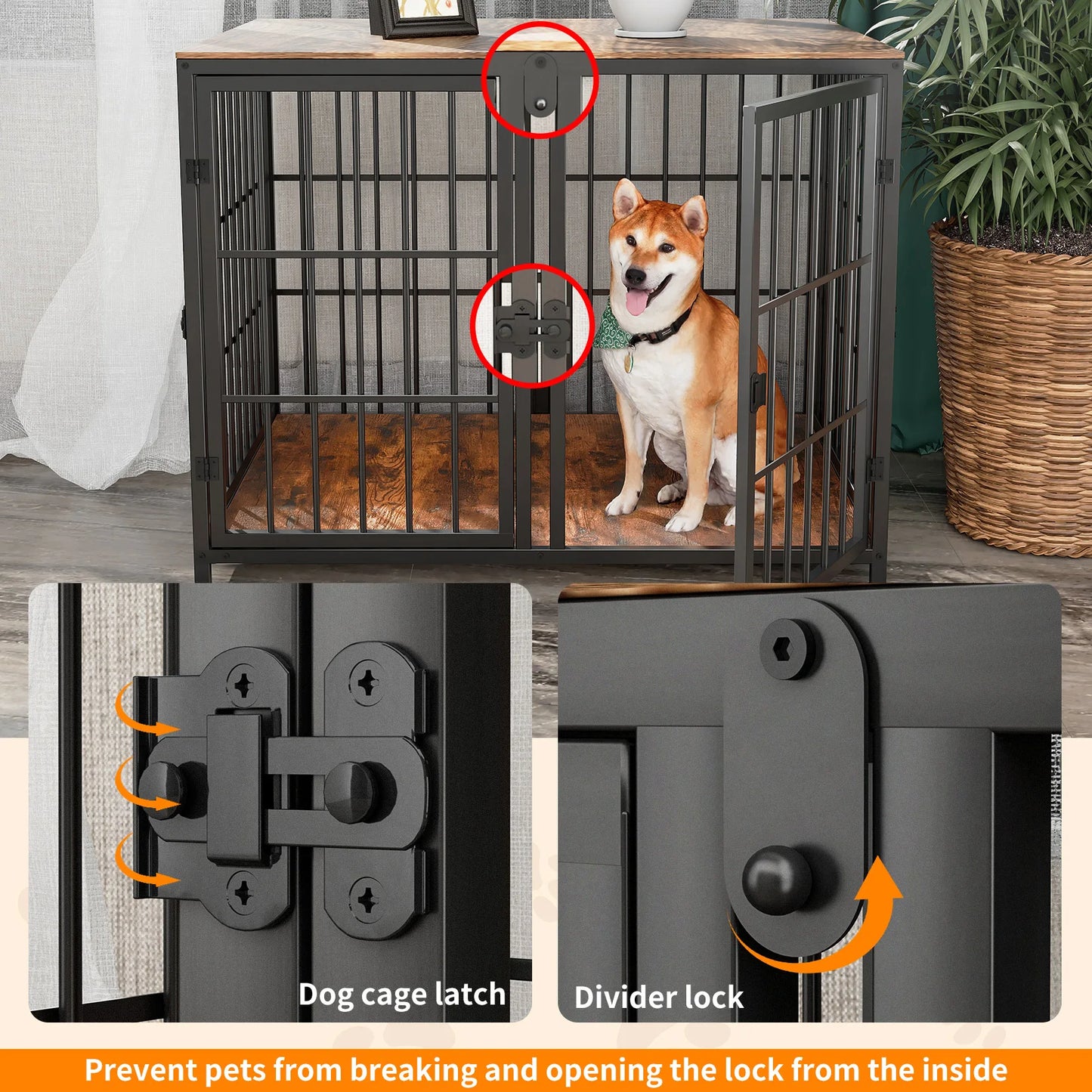 Heavy Duty Dog House End Table Furniture with Four Doors and Lock Latches Divider Wood Metal Pet Kennel Cage Crate