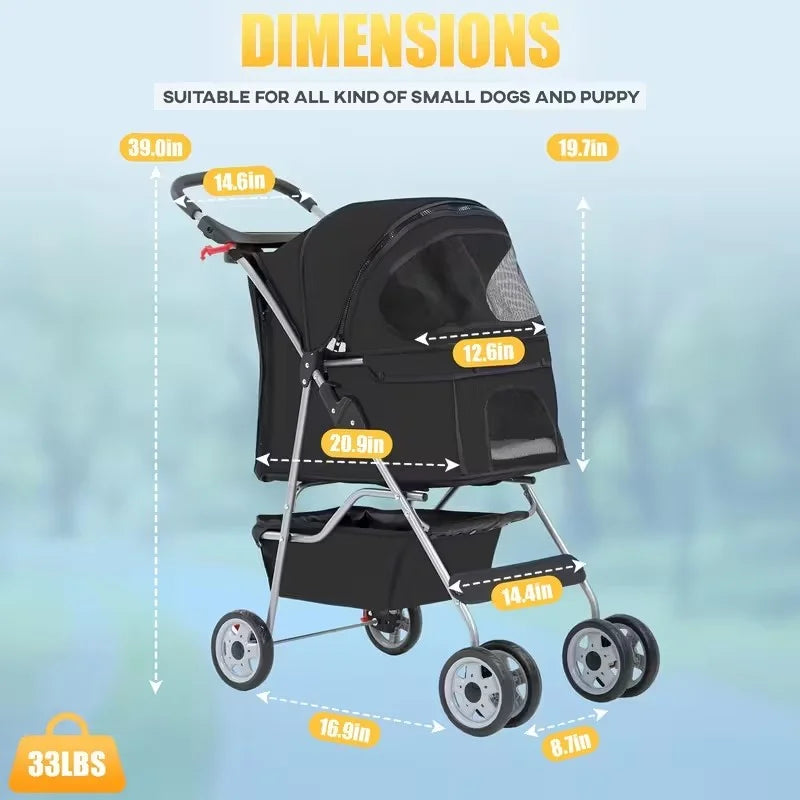 4 Wheels Dog Stroller,Pet Stroller Folding Carrier Waterproof Puppy with Cup Holder & Removable Liner for Small Medium Dogs Cats