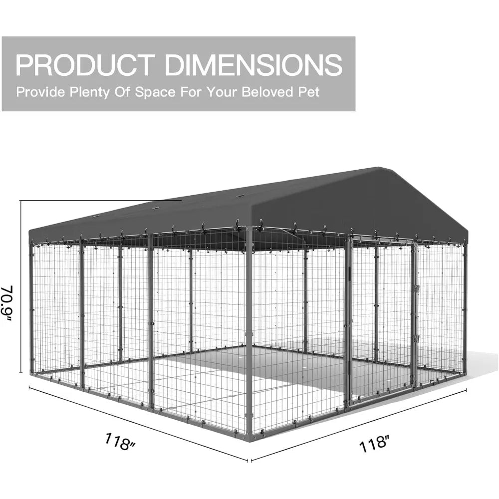 Large Outdoor Dog Kennel 118" x 118" x 70", Big Dog Fence Outside with Double Secure Locks, Heavy-Duty Weatherproof Dog Cage, D