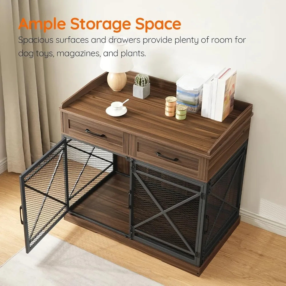 Heavy Duty Dog Crate Furniture, 39.4” Dog Kennel with Drawers, Wooden  Cage Indoor Side End Table for Medium Large Dog