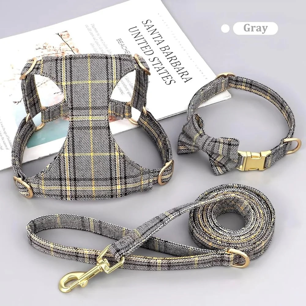 Cute Adjustable Dog Harness Collar Leash Set Small Dogs Cats Soft Plaid Design Ideal Walks Parties and Events