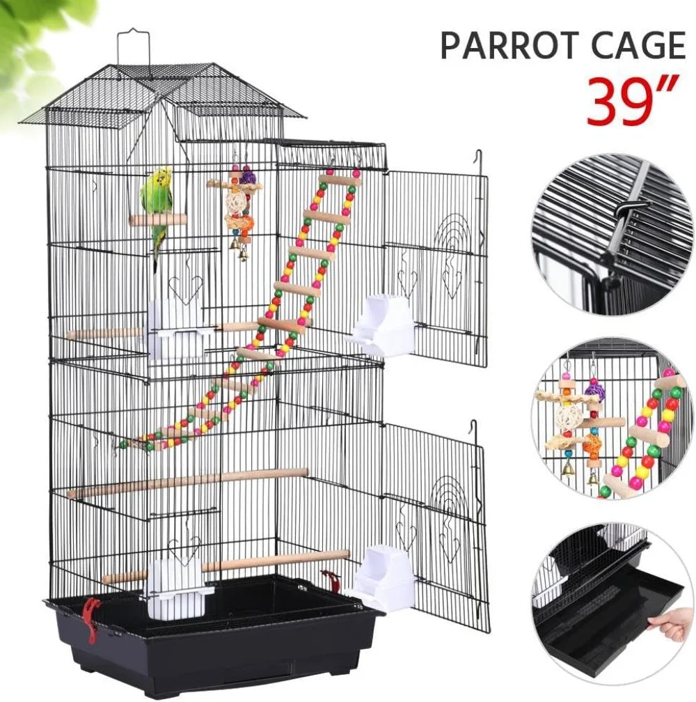 39-inch Large Flight Parrot Bird Cage for Small Quaker Cockatiel Sun Parakeet Conure Budgie Finch Lovebird Canary with Toys