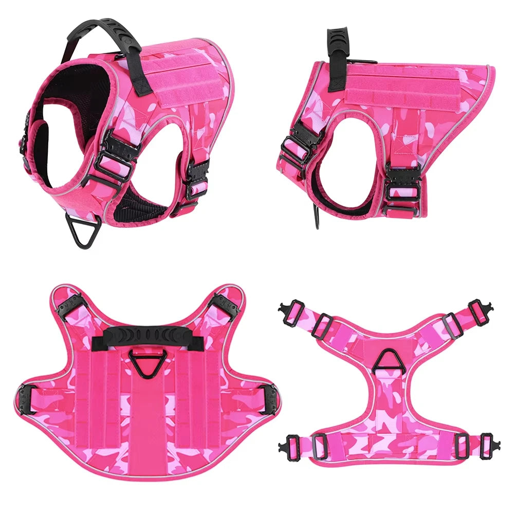 Pink Reflective Dog Harness with 4 Metal Buckles Military Tactical Pet Training, Camouflage Leash Collar for Large Dogs