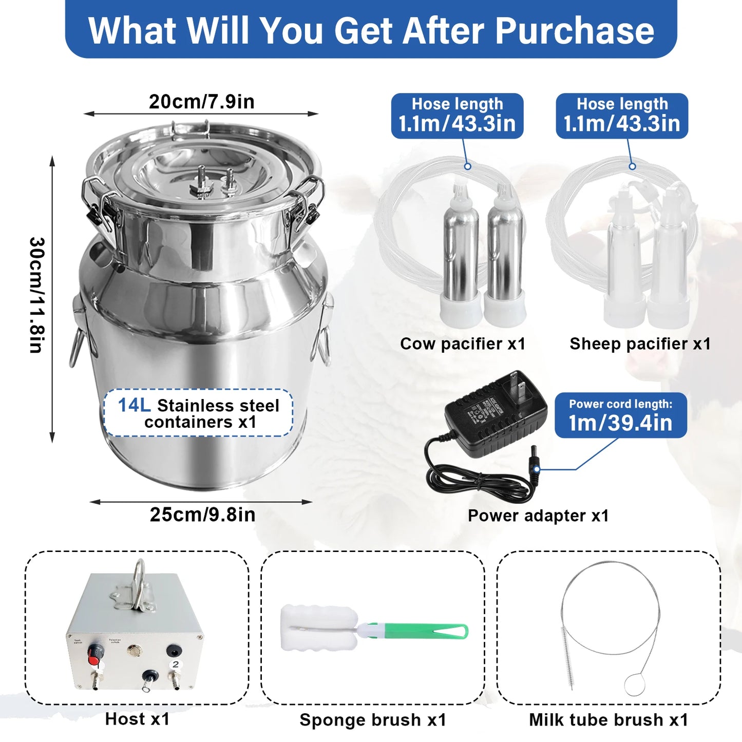 Goat Milker Machine, 14L Adjustable Suction Electric Milker, Cow Milk Machine with Tubes, 2 Teat Cups, Bucket for Homes, Farms
