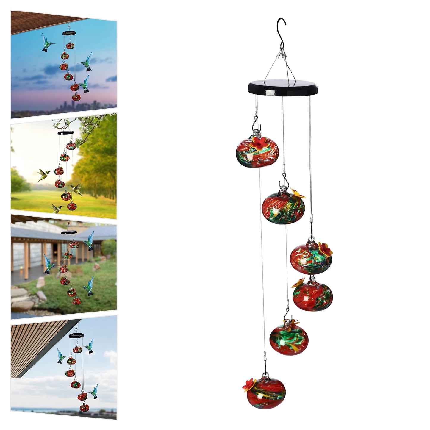 Charming Glass Wind Chime Hummingbird Feeder, Outdoor Hanging Bird Feeder