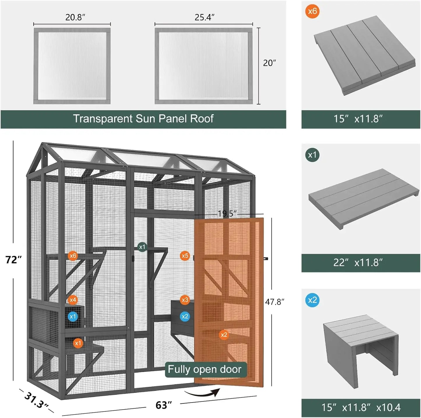 72 Inch Outdoor Cat Fence, Large Cat House for Multiple Cats, Waterproof Sun Panel Roof with 7 Platforms and 2 Rest Boxes