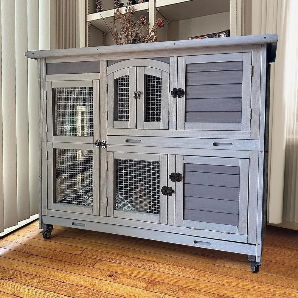 Rabbit Cage, Indoor and Outdoor Rabbit House, Guinea Pig Cage, with Wheels, with Plastic Tray, 47 Inches